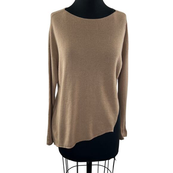 EILEEN FISHER Tan Camel Merino Wool Wide Neck Asymmetrical Pullover Sweater PS - Picture 1 of 9